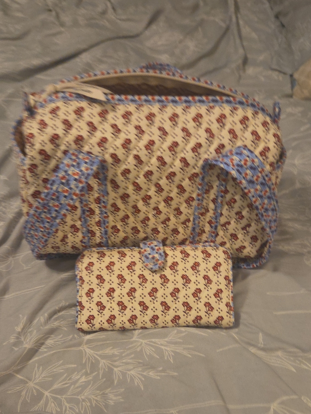 Vera Bradley Cream Quilted Baby Bag with Blue Floral Trim and Matching Wallet